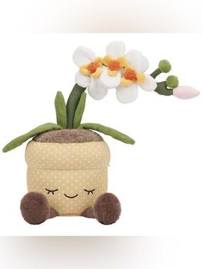 Russ Plush White Orchid with Yellow Centers in Yellow Polka-Dot Pot